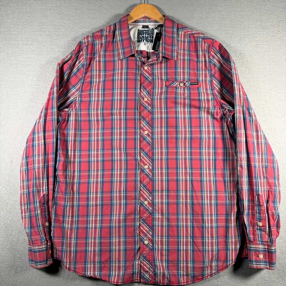Buffalo David Bitton Mens XXL Red Blue Plaid Long Sleeve Button Down Shirt NEW